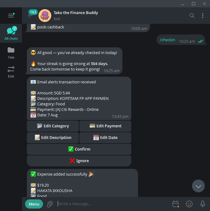 TakoFin Telegram conversation showing an automatically logged email transaction