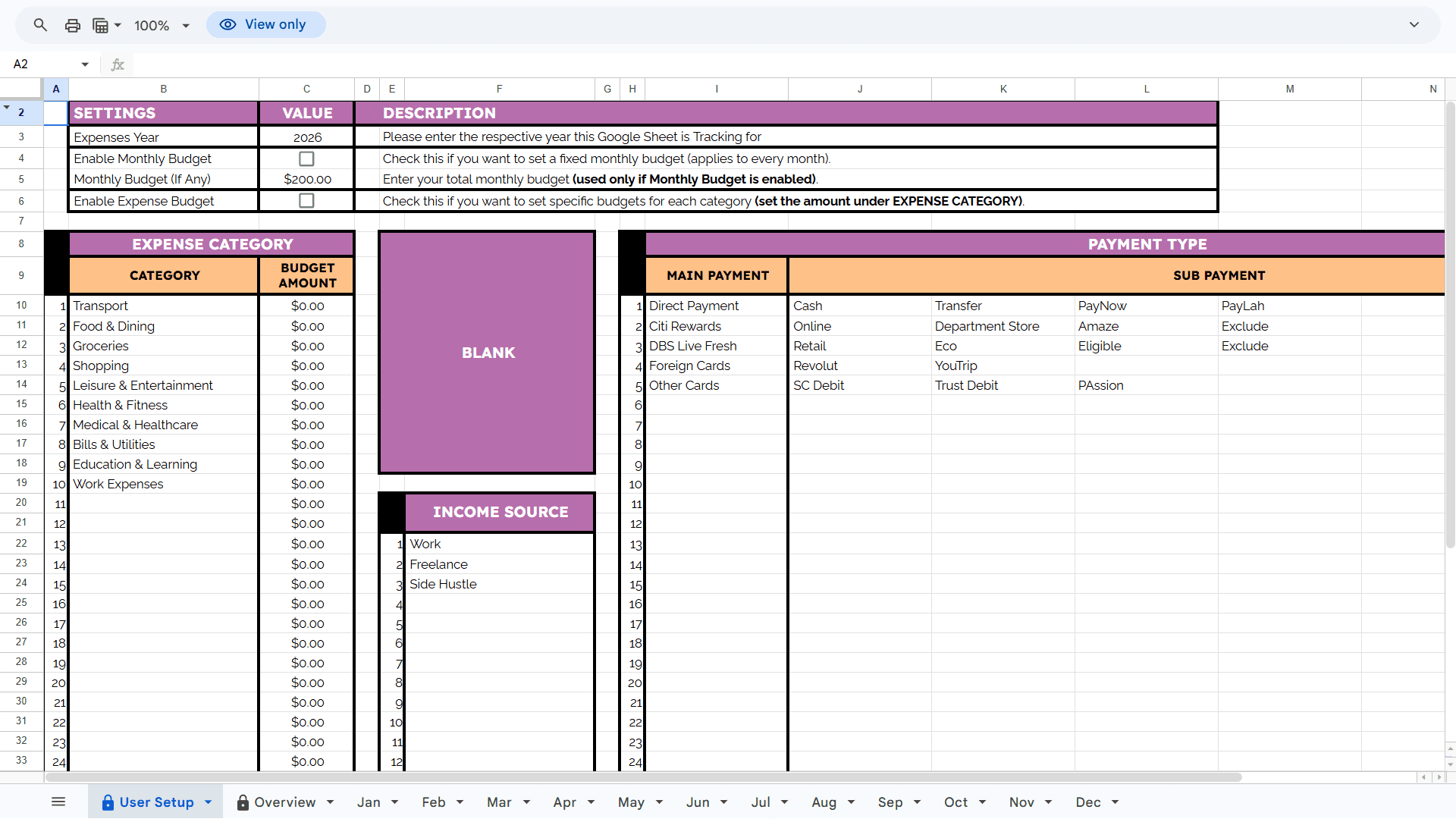 TakoFin Google Sheet User Setup tab with categories and payment types