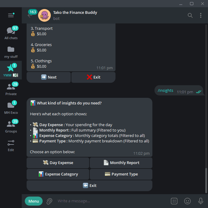 TakoFin Telegram conversation showing the insights menu and spending report