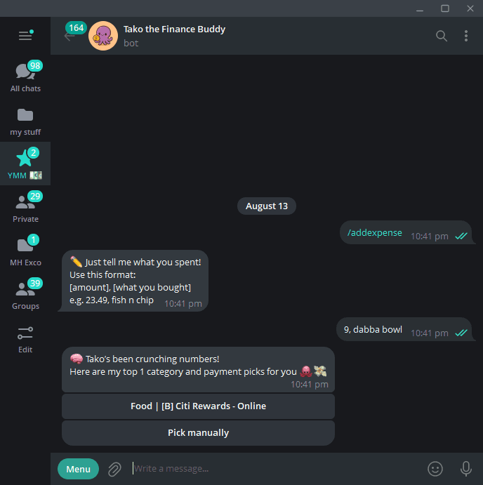 TakoFin Telegram conversation showing an expense added from a text message