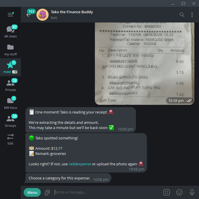 TakoFin Telegram conversation showing a receipt being processed