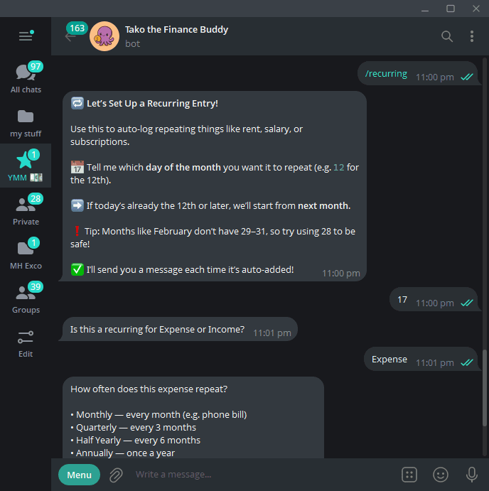 TakoFin Telegram conversation showing recurring transaction options