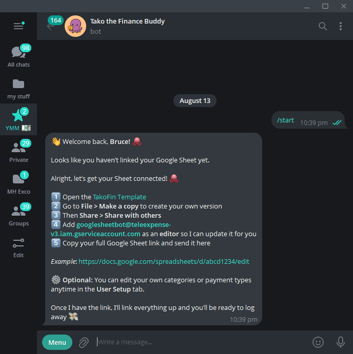 TakoFin Telegram conversation showing the /start setup flow